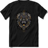 Leeuw - Dieren Mandala T-Shirt | Geel | Grappig Verjaardag Zentangle Dierenkop Cadeau Shirt | Dames - Heren - Unisex | Wildlife Tshirt Kleding Kado | - Zwart - 3XL