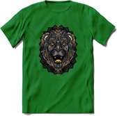 Leeuw - Dieren Mandala T-Shirt | Geel | Grappig Verjaardag Zentangle Dierenkop Cadeau Shirt | Dames - Heren - Unisex | Wildlife Tshirt Kleding Kado | - Donker Groen - 3XL