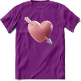 Valentijn Hart met pijl T-Shirt | Grappig Valentijnsdag Cadeautje voor Hem en Haar | Dames - Heren - Unisex | Kleding Cadeau | - Paars - XXL