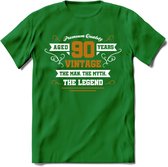90 Jaar Legend T-Shirt | Goud - Wit | Grappig Verjaardag en Feest Cadeau Shirt | Dames - Heren - Unisex | Tshirt Kleding Kado | - Donker Groen - L