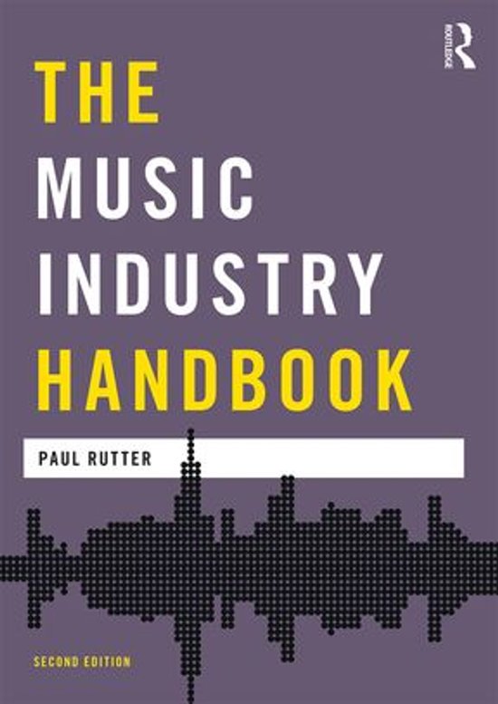 Boekcover van "The Music Industry Handbook" door Paul Rutter. Tekst in geel en wit op een paarse achtergrond, met een equalizer-achtige golfvorm onderaan.