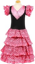 Spaanse jurk satijn roze/zwart - Maat 128/134 (10) - Lengte 90 cm