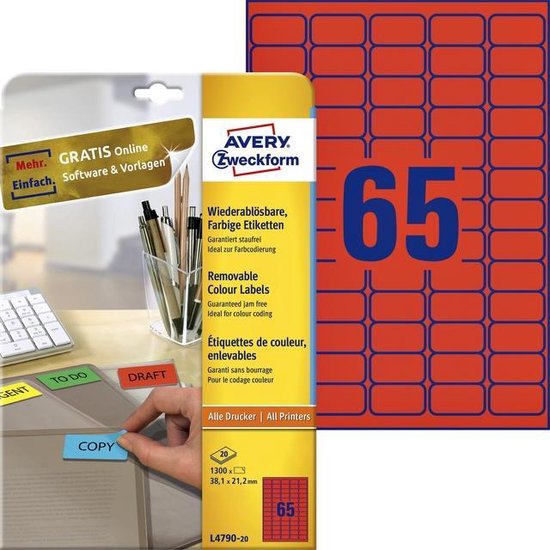 Avery Étiquettes Multi-usages 65 Par Feuille - 100 Feuilles (6500 Étiquettes) 38.1x21.2mm
