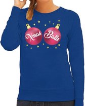 Foute kersttrui / sweater blauw met roze Xmas Balls borsten voor dames - kerstkleding / christmas outfit M (38)