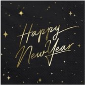 40x Nieuwjaar Happy new Year servetten zwart/goud 33 x 33 cm - Oudjaarsavond/Nieuwjaarsborrel/jaarwisseling versieringen