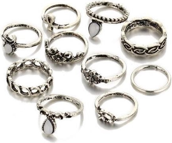 Joboly Ibiza boho bohemien stijl ringen set 10 stuks - Dames - Zilverkleurig