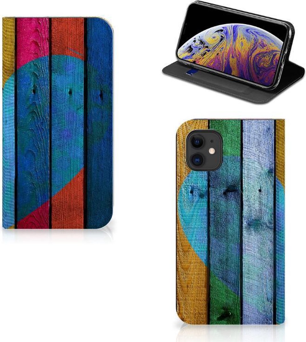 Apple iPhone 11 Book Wallet Case Wood Heart - Cadeau voor je Vriend