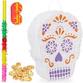 Relaxdays 291-delige pinata set - doodshoofd pinata - stok en blinddoek - 288 munten