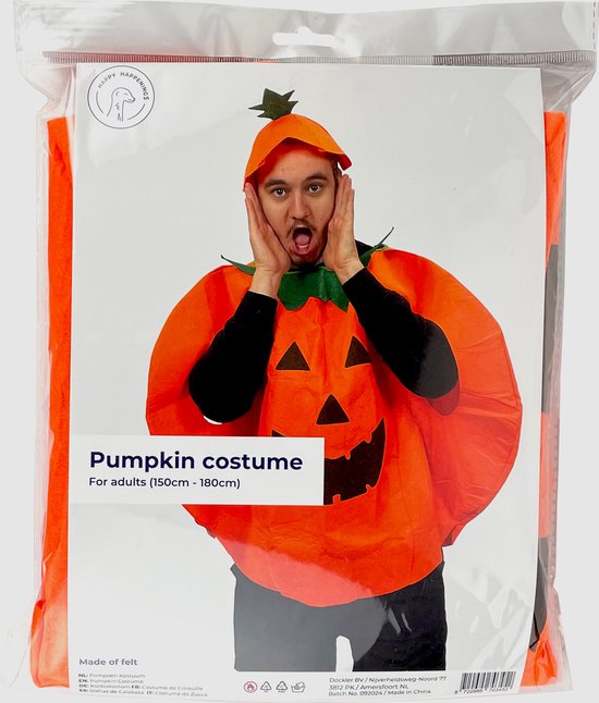 Verpakking van een oranje pompoen kostuum voor volwassenen (72-85cm), gemaakt van vilt.