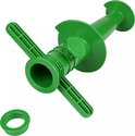 Groene parasolhouder met T-vormig handvat en een extra ring.
