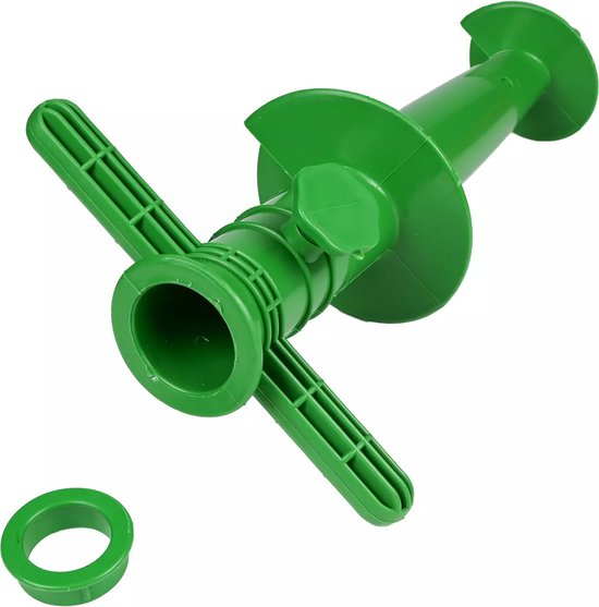 Groene parasolhouder met T-vormig handvat en een extra ring.