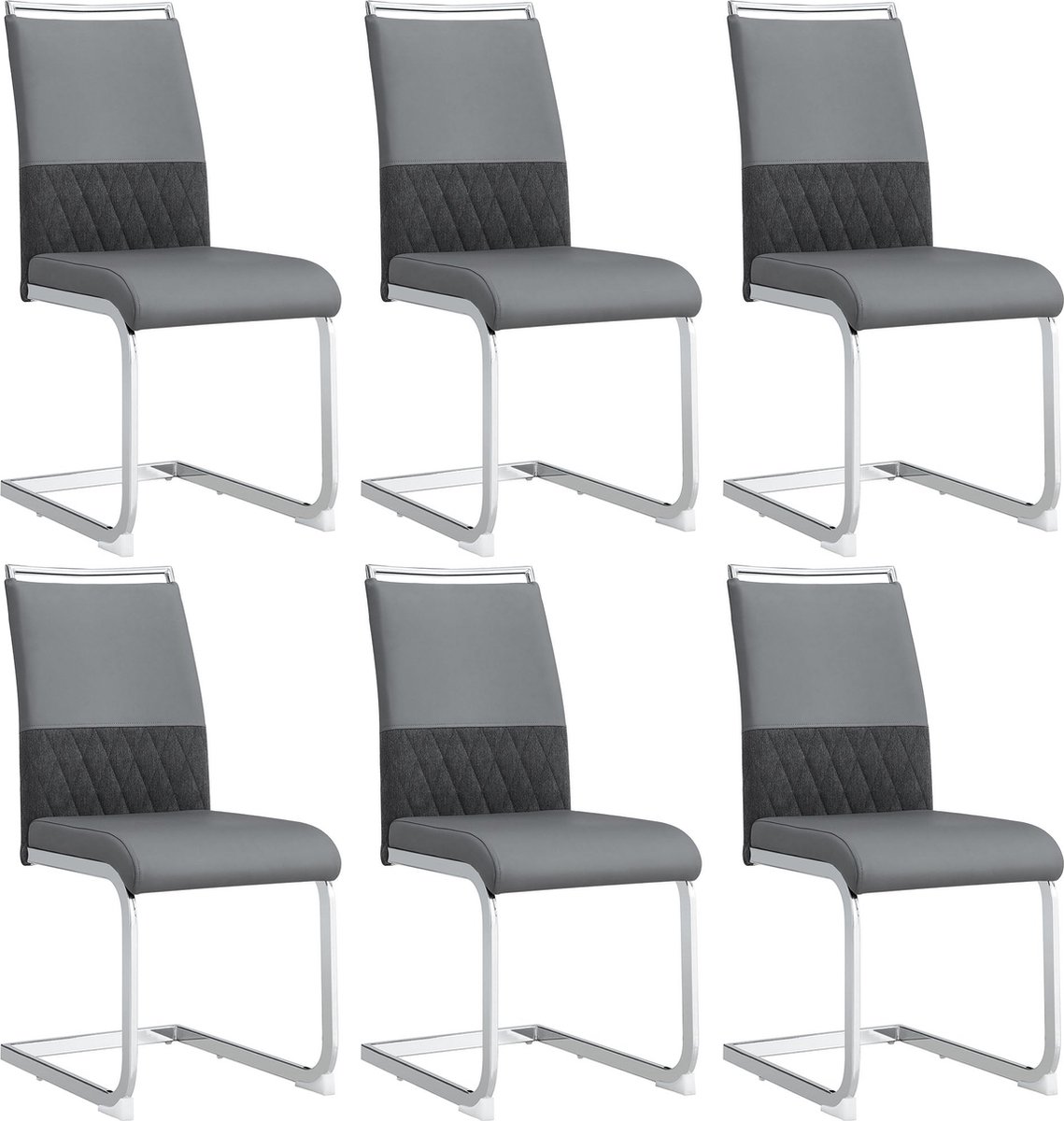 Merax Moderne Eetkamerstoelen Set van 6 – Stoelen met Kunstleer en Linnen Rugleuning - Hoog Gestoffeerde Rugleuning - Ergonomisch Ontwerp - Grijs met Zilver