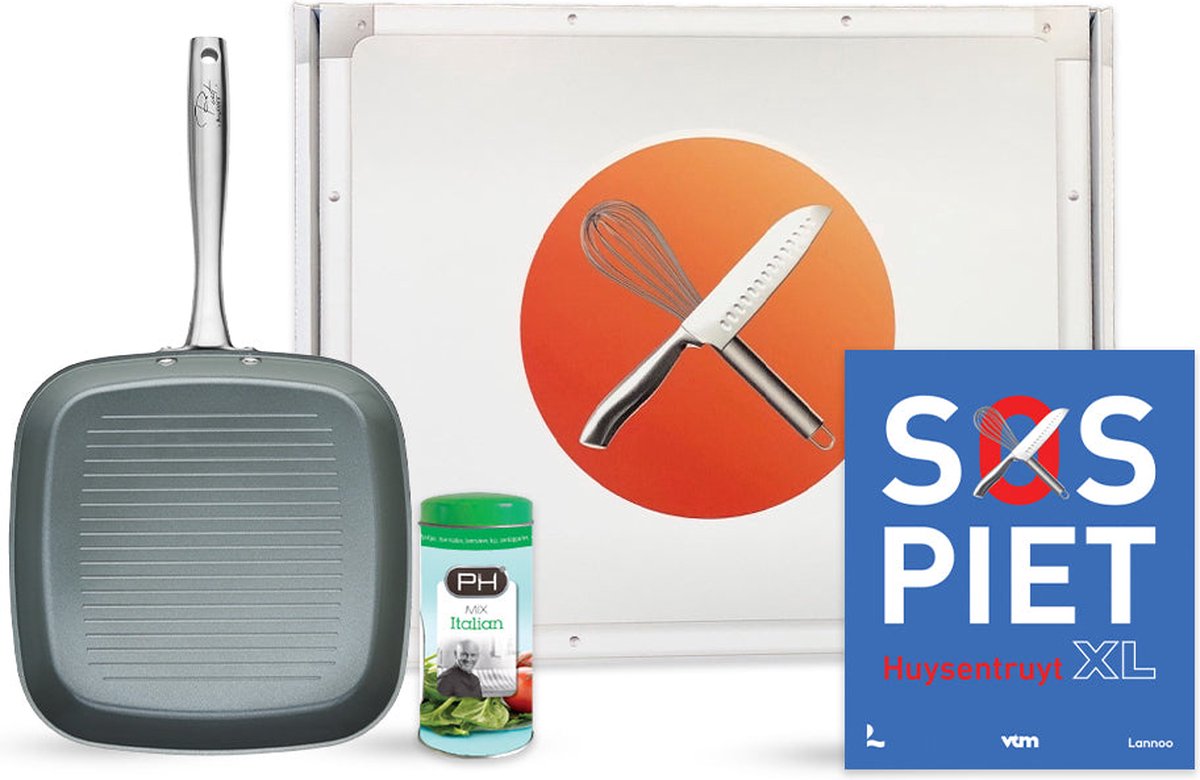 SOS Piet Box |  Grillpan Ø 26 cm - Grijs - PFAS-vrij | Incl. Piet's Italiaanse Kruidenmix - Gesigneerd SOS PIET XL kookboek - met Piet Huysentruyt geschenkdoos | CADEAU TIP