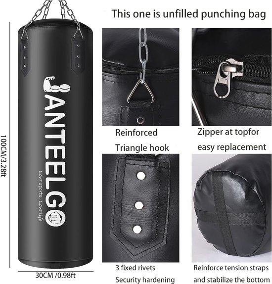 ZERUIDM Bokszakset, heavy duty, ongevuld, hangende bokszakken, bokszak voor volwassenen en kinderen, punching bag met boksbandages, plafondhaken, ketting, voor kickboksen, vechtsport, Muay, Thai, MMA ZERUIDM Bokszakset, heavy duty, ongevuld, hangende bokszakken, bokszak voor volwassenen en kinderen, punching bag met boksbandages, plafondhaken, ketting, voor kickboksen, vechtsport, Muay, Thai, MMA