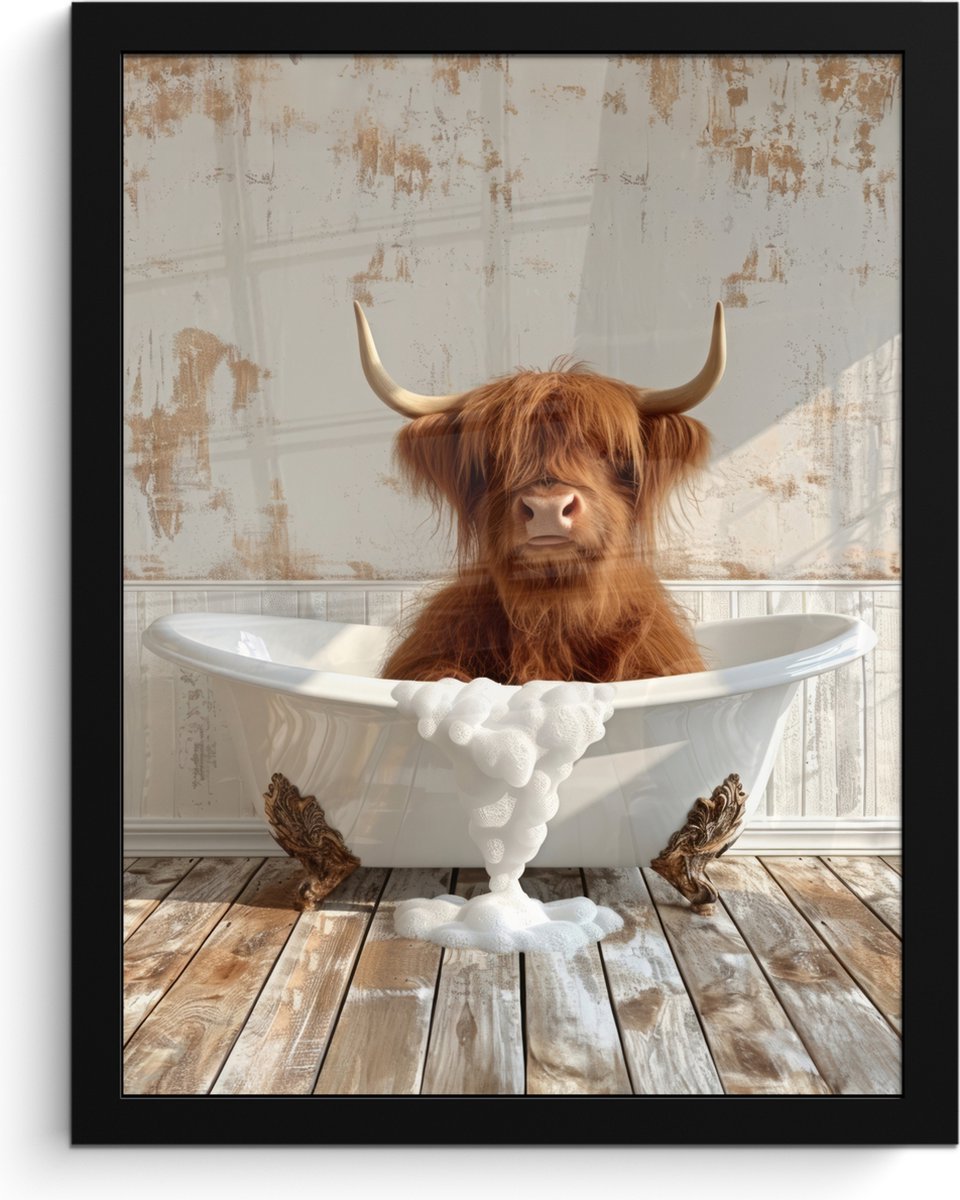 FrameYourWall Poster in lijst - Fotolijst 30x40 cm - Posters - Schotse hooglander - Badkuip - Vintage - Koe - Posterlijst zwart - Wanddecoratie badkamer - Muurdecoratie WC - Decoratieve accessoires - Toilet muur decoratie