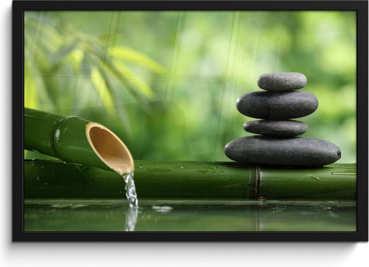 FrameYourWall Poster in lijst - Fotolijst 60x40 cm - Posters - Zen - Stenen - Groen - Natuur - Bamboe - Posterlijst zwart - Wanddecoratie badkamer - Muurdecoratie WC - Decoratieve accessoires - Toilet muur decoratie