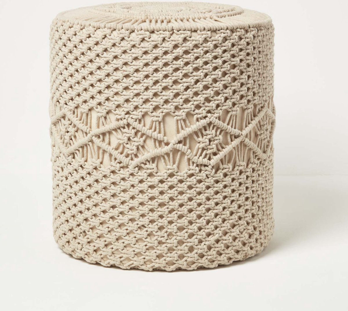 Homescapes Astrid – ronde macramé poef – natuurlijk katoen, 40 x 42 cm