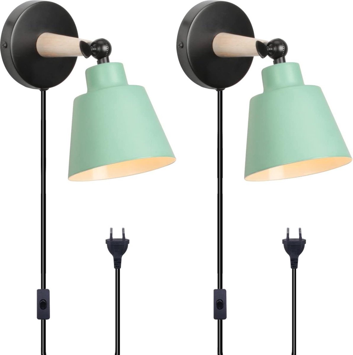 Moderne wandlamp van metaal en hout verstelbare wandverlichting E27 fitting groen met stekkerschakelaar set van 2
