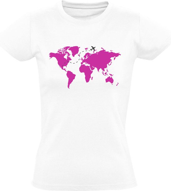Roze wereldkaart met vliegtuig Dames T-vliegtuig roze design