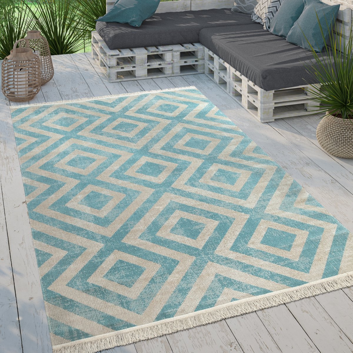 Paco Home Platgeweven tapijt voor binnen en buiten met modern ruitmotief voor terras en balkon 80x150 cm