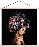 Posterhanger incl. Poster 90x90 cm - Schoolplaat - Bloesem - Vrouw - Roze - Bloemen - Luxe - Textielposter - Blanke latten