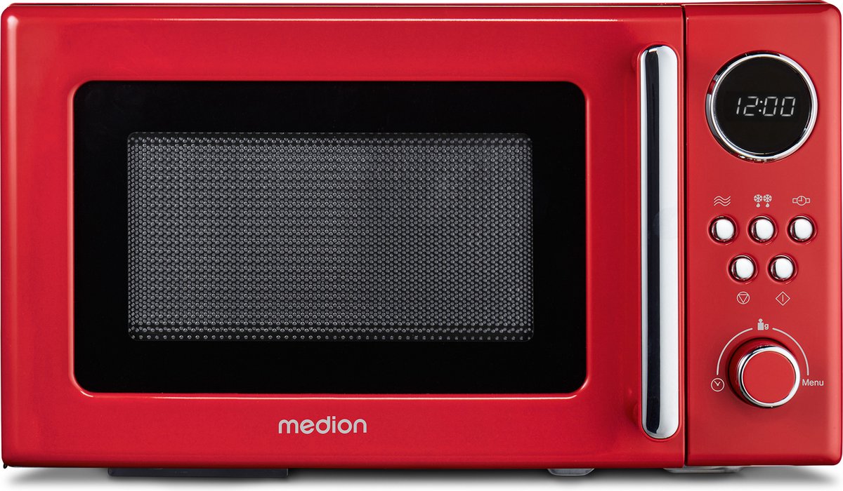 Bol.com MEDION retro magnetron (20 liter, ca. 800 watt, 5 magnetronstanden, digitaal display, ontdooifunctie, compact) rood aanbieding