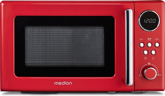 Medion Retro magnetron MD 15000 - rood - 800 W vermogen - 20 L compact - 5 magnetronstanden - ontdooifunctie - timerfunctie - stijlvol retro design
