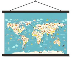 Kinder wereldkaart zoekplaatje schoolplaat platte latten zwart 120x80 cm - Foto print op textielposter (wanddecoratie woonkamer/slaapkamer)