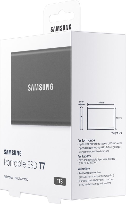 Doos van een grijze Samsung Portable SSD T7 met specificaties.