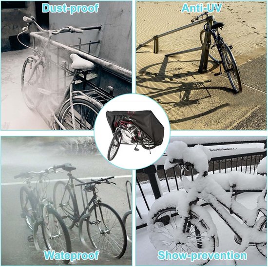 Collage met afbeeldingen die de beschermende eigenschappen van de fietsafdekking tonen: stof-, UV-, water- en sneeuwbestendig.