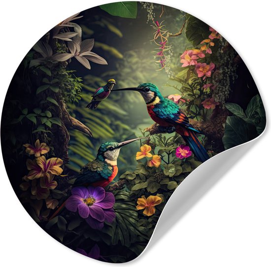 Behangcirkel - Jungle - Bloemen - Vogels - Tropisch - Zelfklevend behang - Woonkamer decoratie - Rond behang - Behangsticker - Ronde muurdecoratie - Wanddecoratie - 50x50 cm - Cirkel behang - Muurcirkel - Wandcirkel