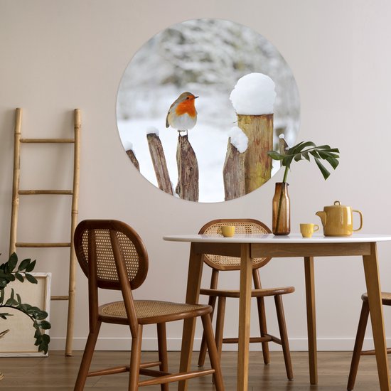 WallCircle® - Papier peint cercle 100x100 cm - Stickers muraux Rouge-gorge sur une clôture enneigée - Cercle mural salon - Cercle mural chambre - Décoration de chambre autocollante - Accessoires de Décoration murale XXL