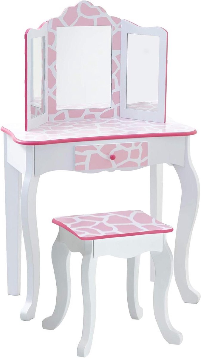 Kaptafel en Stoel Set voor Kinderen - Houten Roze/Witte Tafel make up tafel