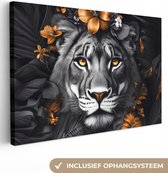 Canvas schilderij 120x80 cm - Wanddecoratie Tijger - Zwart wit - Goud - Bloemen - Botanisch - Muurdecoratie woonkamer - Slaapkamer decoratie - Kamer accessoires - Schilderijen