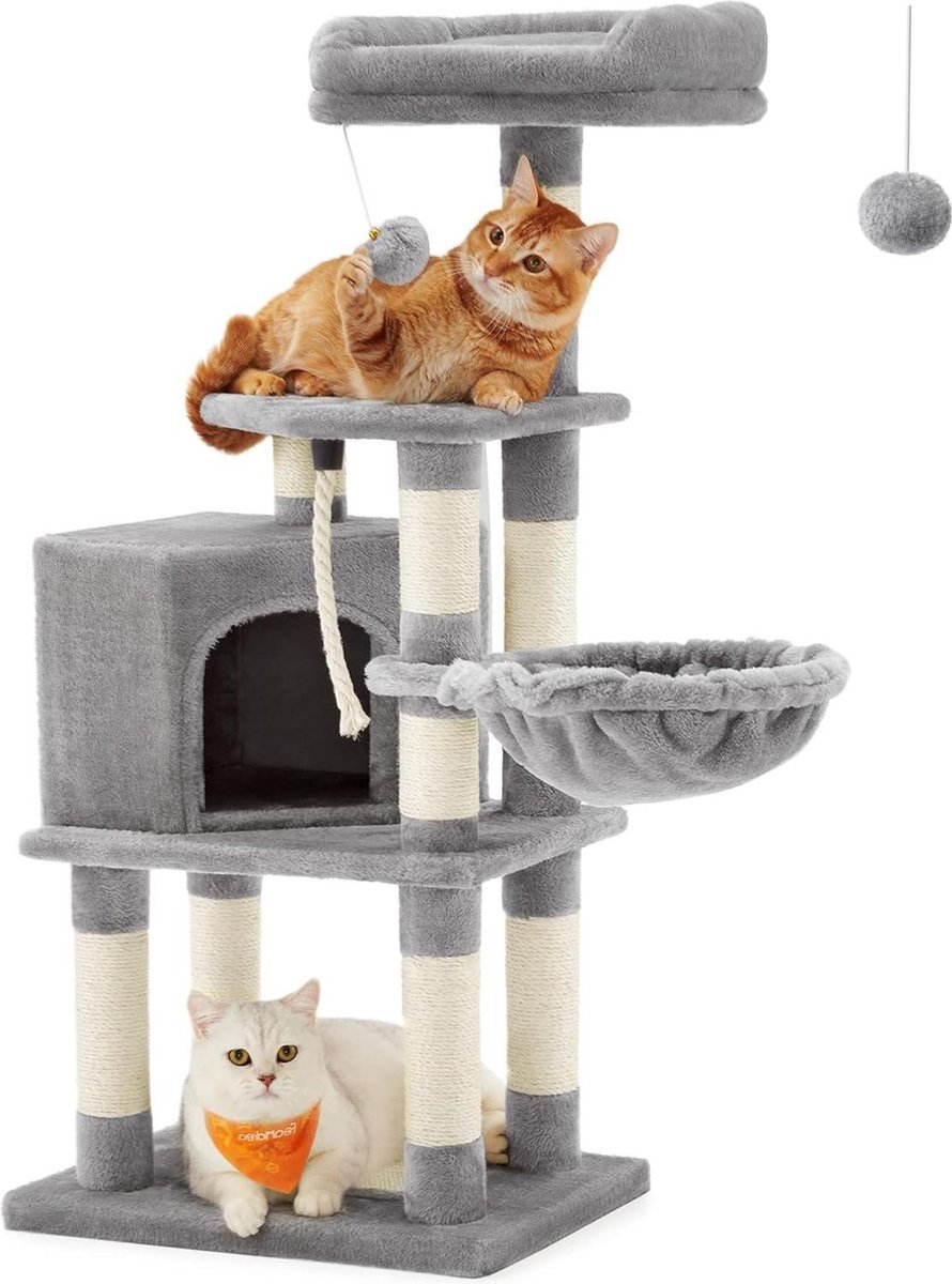 Krabpaal voor katten – 110 cm hoogte – basis met 9 krassen – platform – hol – hangmat – pompon – touw – pluche – lichtgrijs