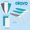 Airpro strijkplanken met turquoise en grijze hoezen. Diverse maten: strijkhoezen, strijkdekens.