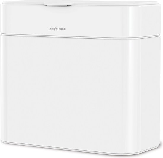 Witte Simplehuman gft-bak in perspectief met een strak, minimalistisch ontwerp en gesloten deksel.