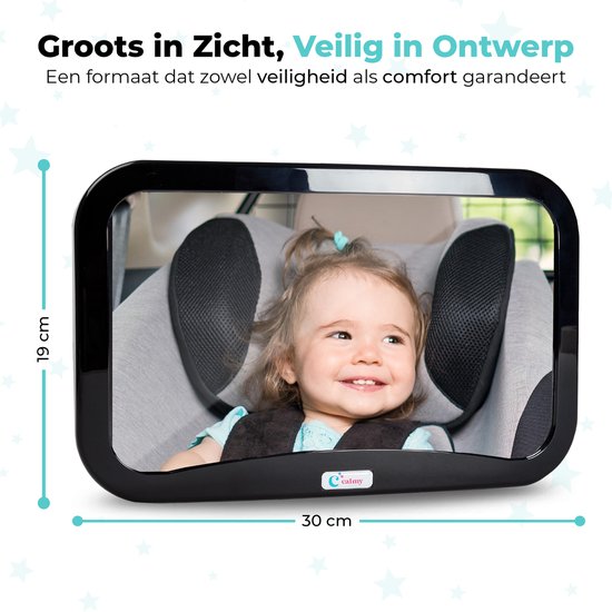 Calmy Autospiegel Baby XXL - Verstelbare Spiegel - Achteruitkijkspiegel - Veiligheidsspiegel - Baby en Kids - 19 x 30cm - 360 graden draaibaar - Zwart van Calmy — afbeelding 4