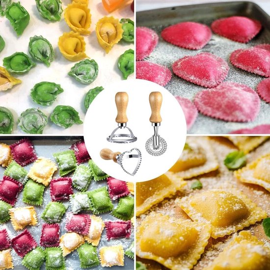 Ravioli Cutter Set - Houten Handvat - Geribbelde Rand Roller Wiel - 12 Roestvrijstalen Mallen - Ravioli Pasta Dumplings Koek van Kookfun — afbeelding 4