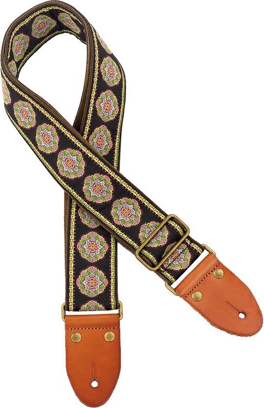 Gaucho GST-1280-9 sangle de guitare, 2 tissages jacquard, brides en cuir avec épingles, boucle en laiton, dos en daim, noir/vert