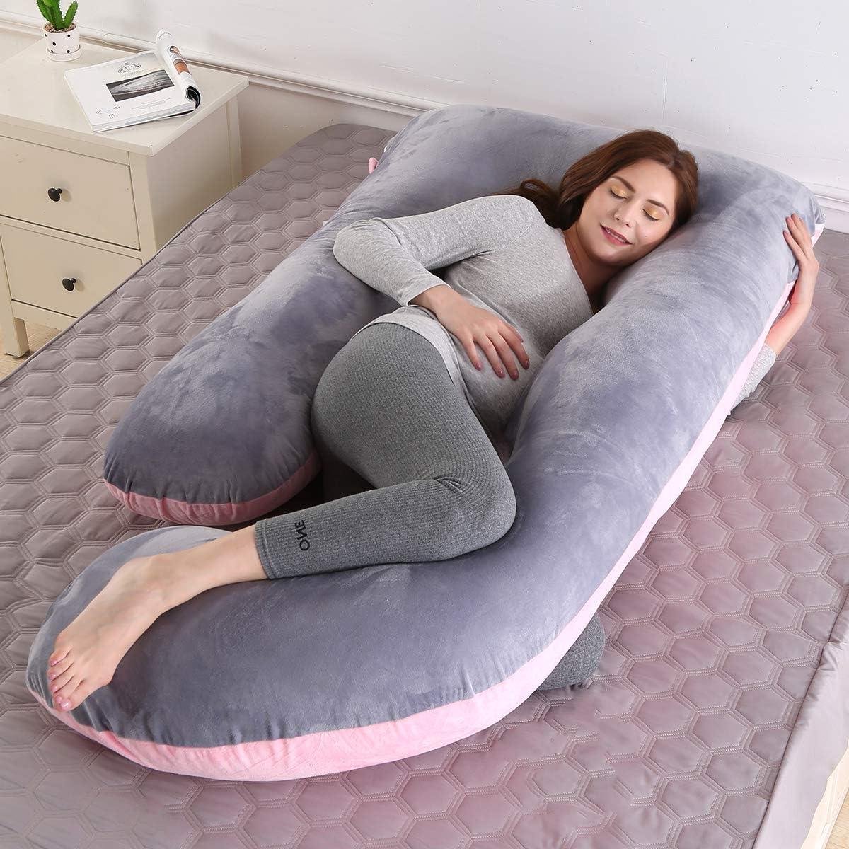 Goedkoopste Groot J-vormig zwangerschapskussen met ritssluiting - Comfortabel moederschapskussen - Ondersteuning voor rug heupen benen buik - Zwangerschapskussen voor zwangere vrouwen (grijs roze fluweel) Lichaamskussen