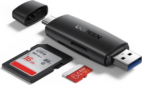 SD en micro SD kaartlezer adapter USB-A en USB-C zwart Ugreen CM304