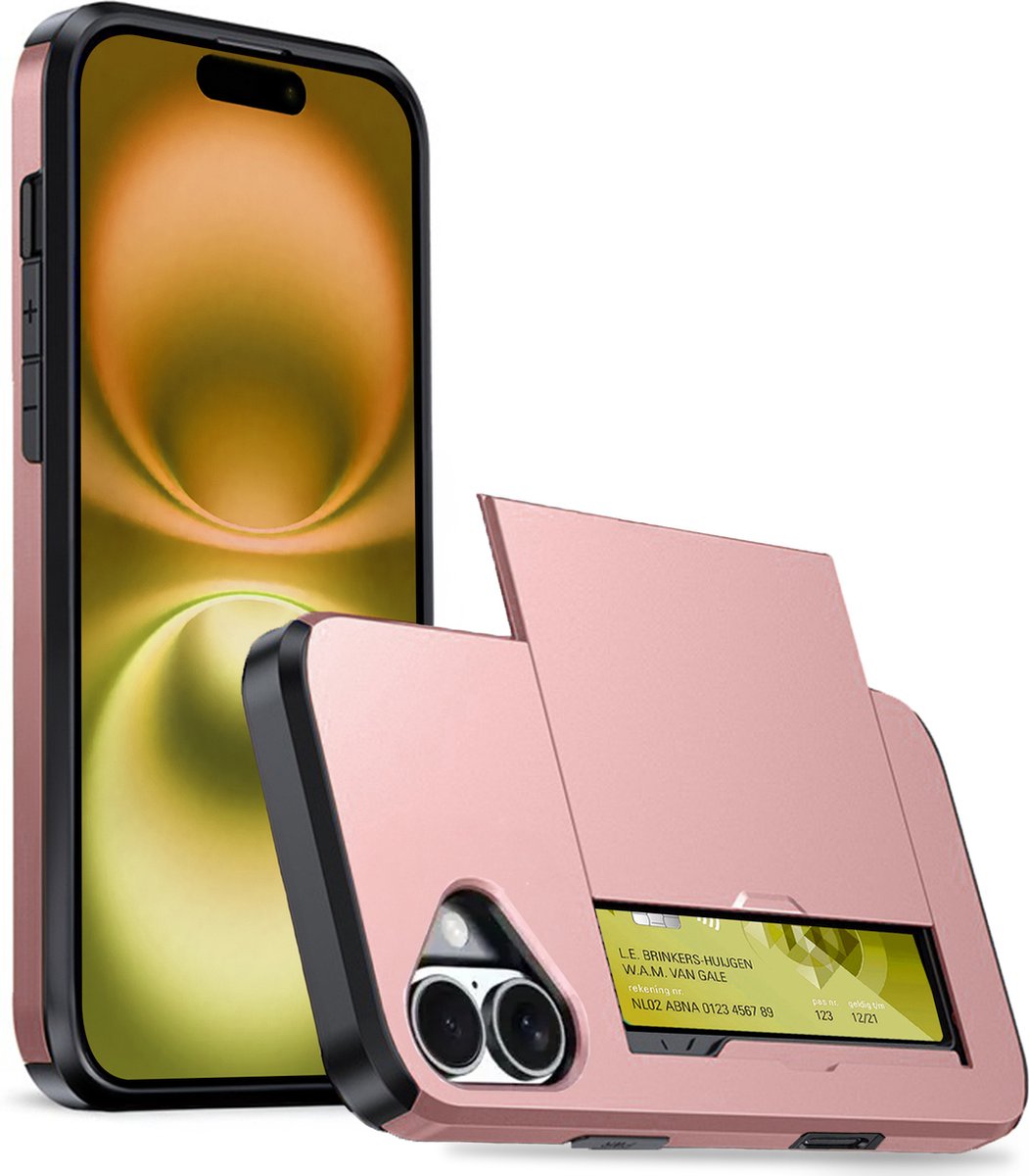 Hoesje Geschikt voor iPhone 16 Hoesje Case Pashouder Hard Cover - Hoes Geschikt voor iPhone 16 Hoesje Met Kaarthouder - Rosé goud