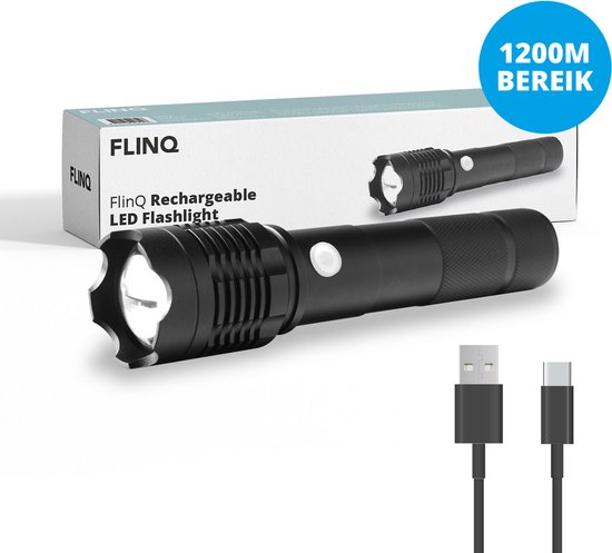 FlinQ Oplaadbare LED Zaklamp - Militaire Zaklamp - Flashlight Oplaadbaar - Tot 1200 meter Zicht - Spatwaterdicht Design van Aluminum - Zaklampen voor noodpakket - Zwart