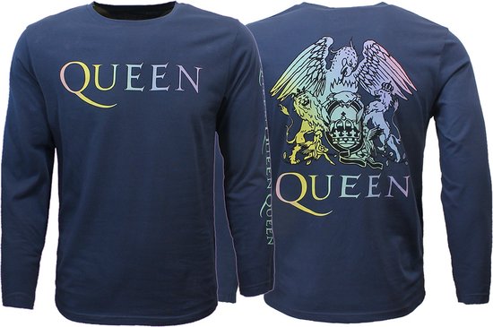 Queen Rainbow Crest Denim Blue Longsleeve T-Shirt - Officiële Merchandise - L