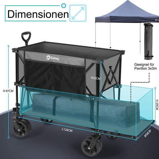 Sekey XXXXL opvouwbare handkar 350L met extra brede banden 17x10cm 150KG, opvouwbare handkar strandkar transportkar opvouwbaar vanuit 4 richtingen, 4XL-Double 4021, Zwart