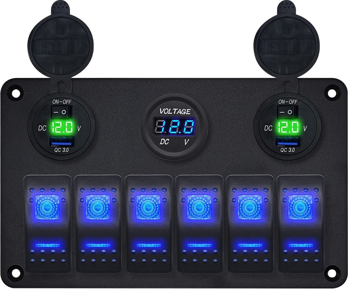 ProRide Schakelpaneel 12V voor Auto/Boot - USB Lader 4 Poorten met Voltmeter - 5V/2.4A - 6 Schakelaars