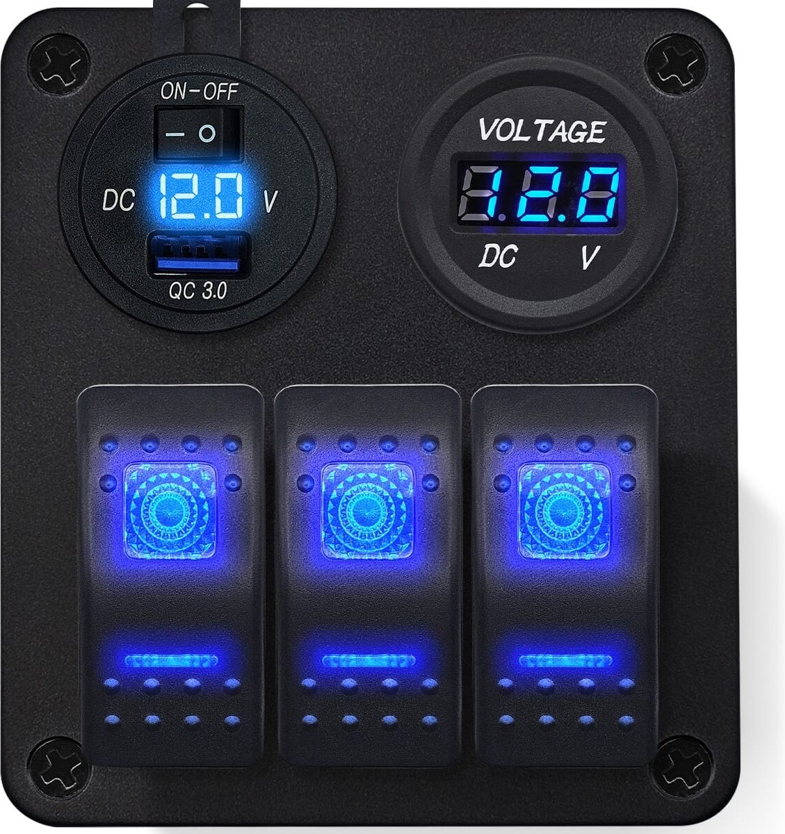 ProRide Schakelpaneel 12V voor Auto/Boot - USB Lader 2 Poorten met Voltmeter - 5V/2.4A - DS2114B - 3 Schakelaars