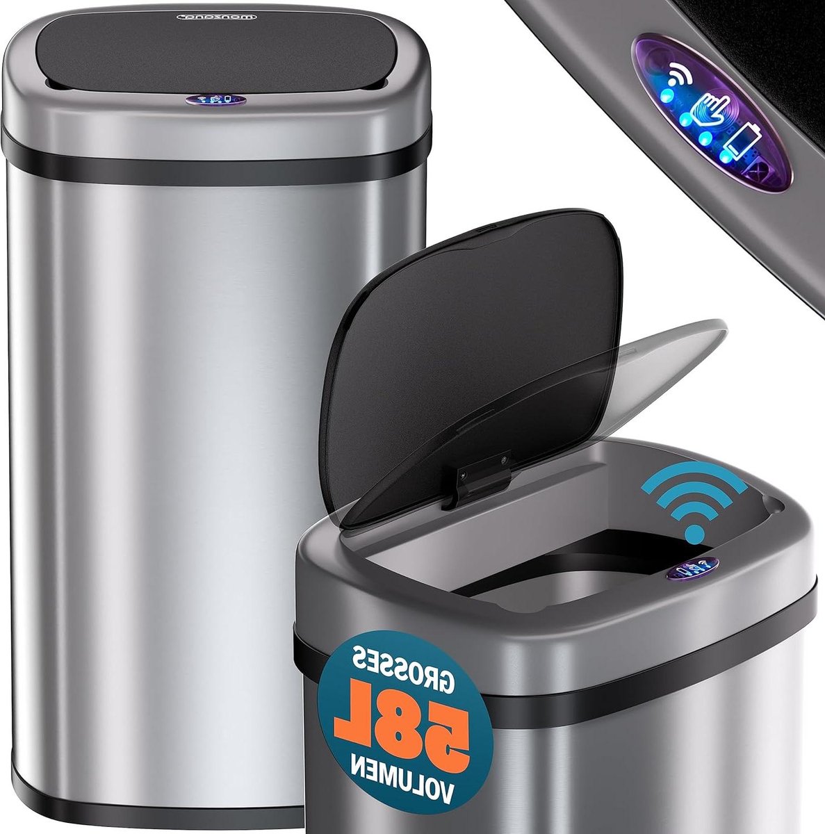 Goedkoopste Bewegingssensor Vuilnisbak 58 Liter - Automatisch Deksel - Waterdicht - Afvalbak met USB-kabel - Zilver vuilnisbak 60 liter
