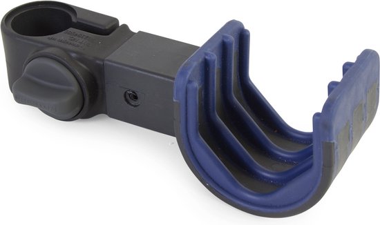 Support noir Preston Offbox 36 Up & Over avec pince bleue rainurée et bouton rotatif gris.